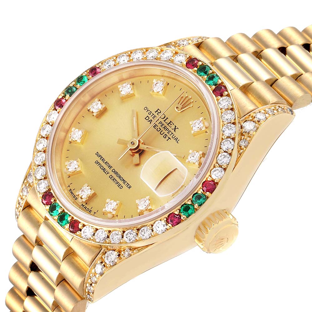 

Rolex Champagne Diamonds 18K Yellow Gold Ruby And Emerald President Datejust 69038 Women's Wristwatch 26 MM