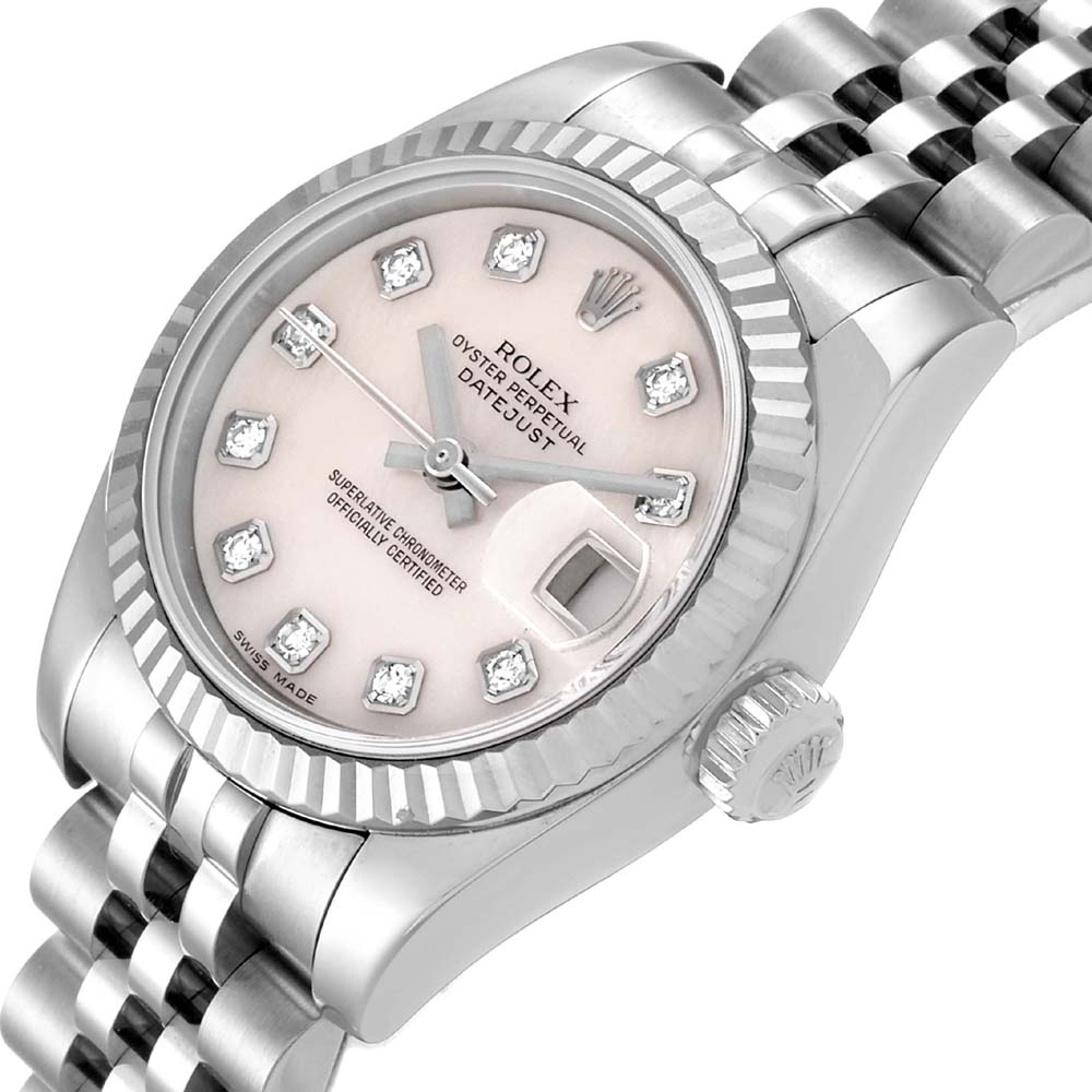 

Rolex MOP Diamonds 18K White Gold And Stainless Steel Datejust 179174 Women's Wristwatch 26 MM