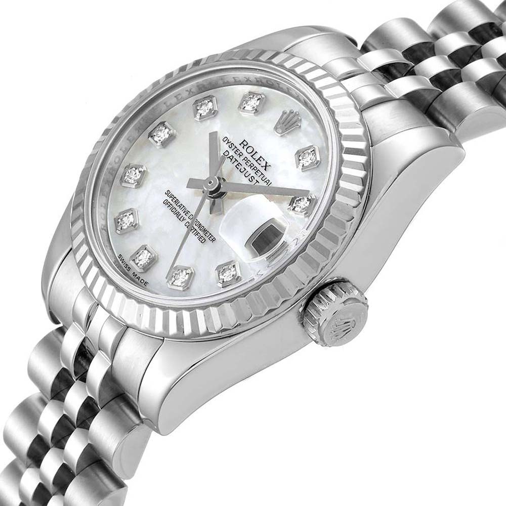 

Rolex MOP Diamonds 18K White Gold And Stainless Steel Datejust 179174 Women's Wristwatch 26 MM, Multicolor