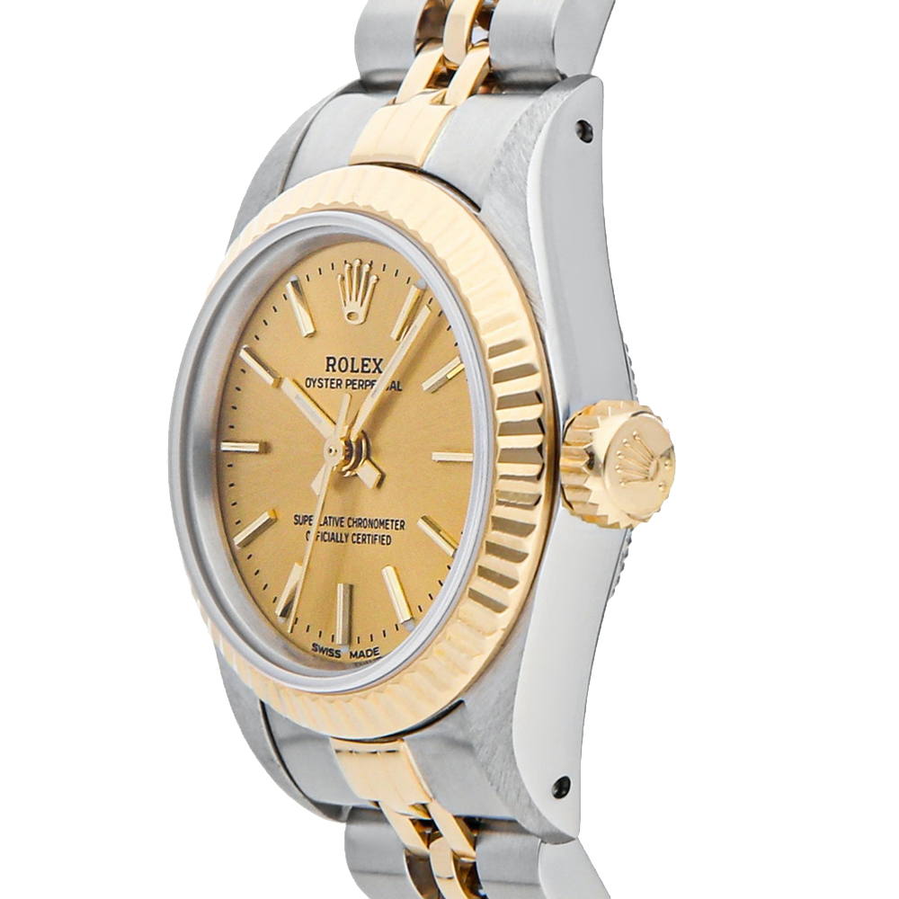 

Rolex Champagne 18K Yellow Gold And Stainless Steel Oyster Perpetual 67193 Women's Wristwatch 24 MM