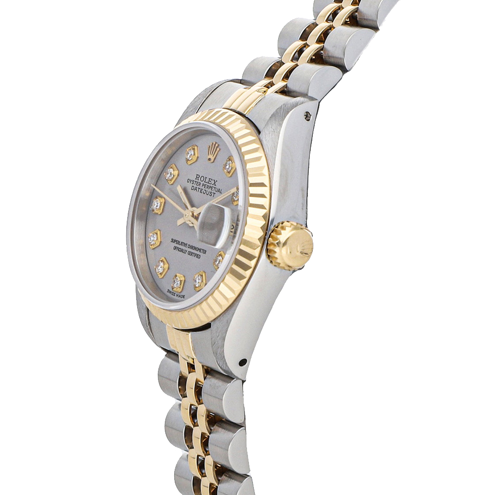 

Rolex Silver Diamonds 18K Yellow Gold And Stainless Steel Datejust 69173 Women's Wristwatch 26 MM