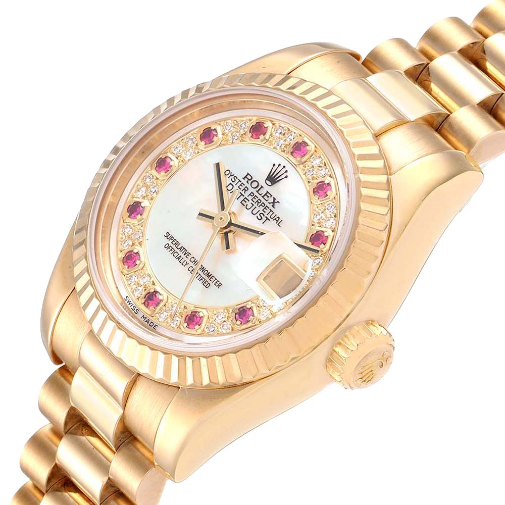 

Rolex MOP Myriad Diamonds Rubies 18K Yellow Gold President Datejust 179178 Women's Wristwatch 26 MM, White