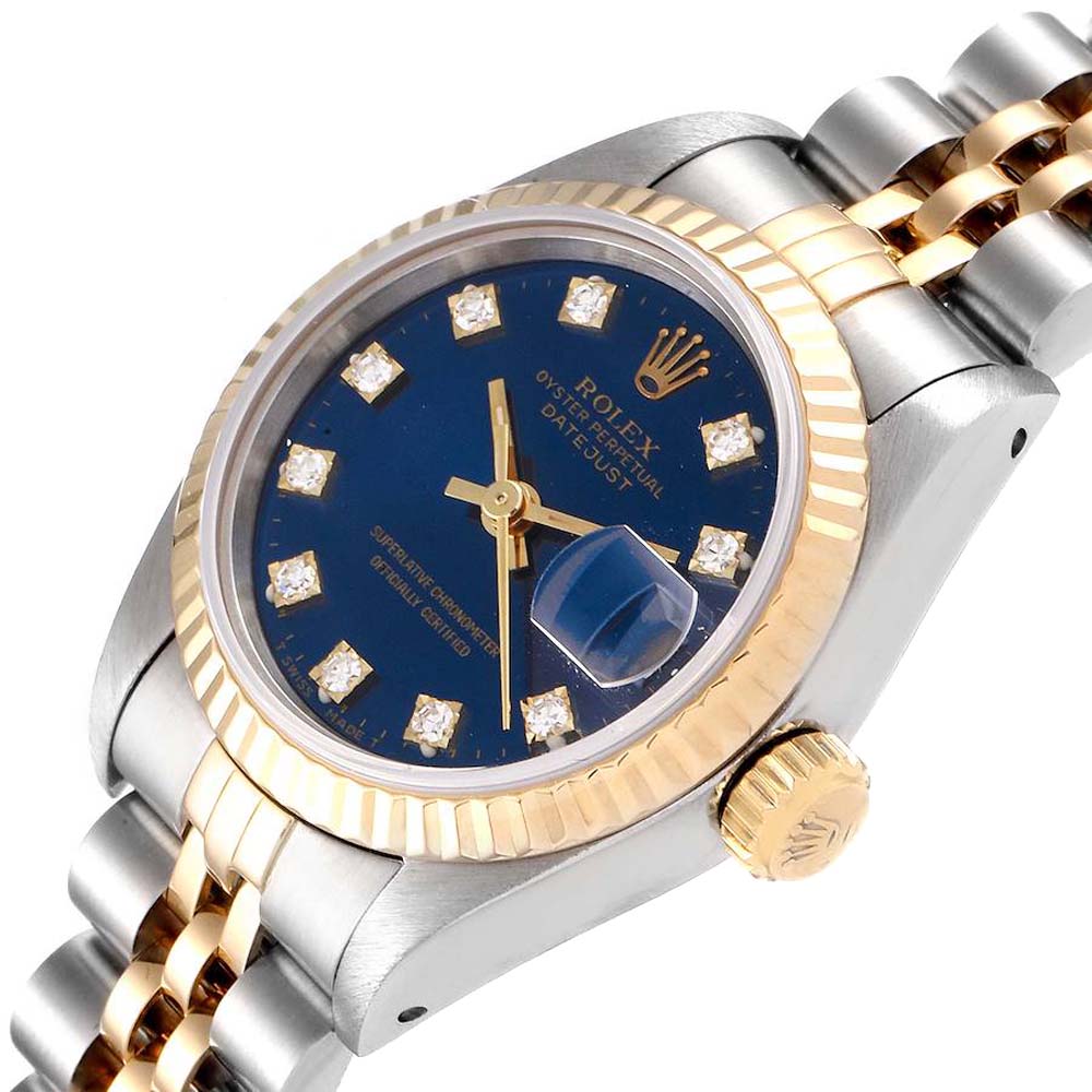 

Rolex Blue Diamonds 18K Yellow Gold And Stainless Steel Datejust 69173 Women's Wristwatch 26 MM