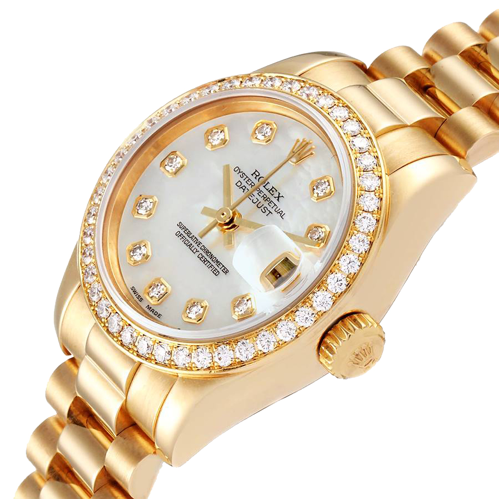 

Rolex MOP Diamonds 18k Yellow Gold President Datejust 179138 Women's Wristwatch 26 MM, White