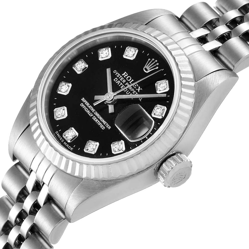 

Rolex Black Diamonds 18K White Gold And Stainless Steel Datejust 79174 Women's Wristwatch 26 MM