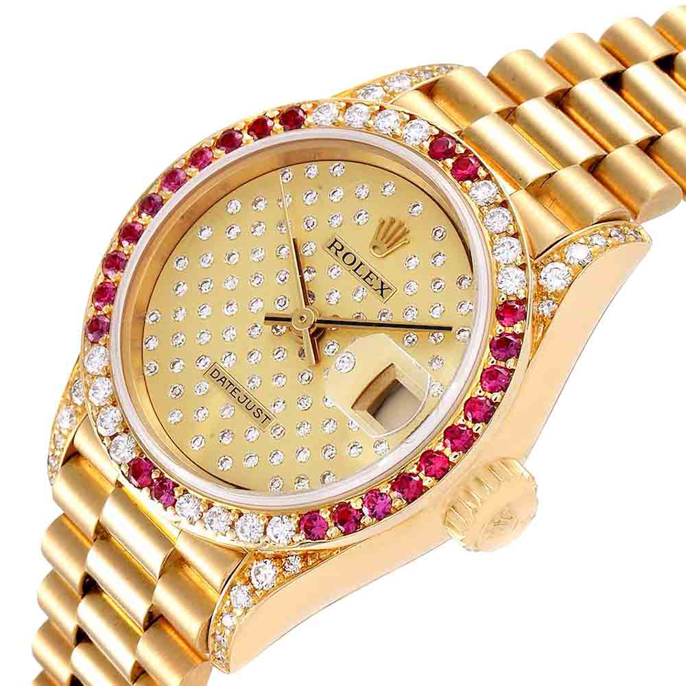 

Rolex Champagne Diamonds Ruby 18K Yellow Gold President 69038 Women's Wristwatch 26 MM