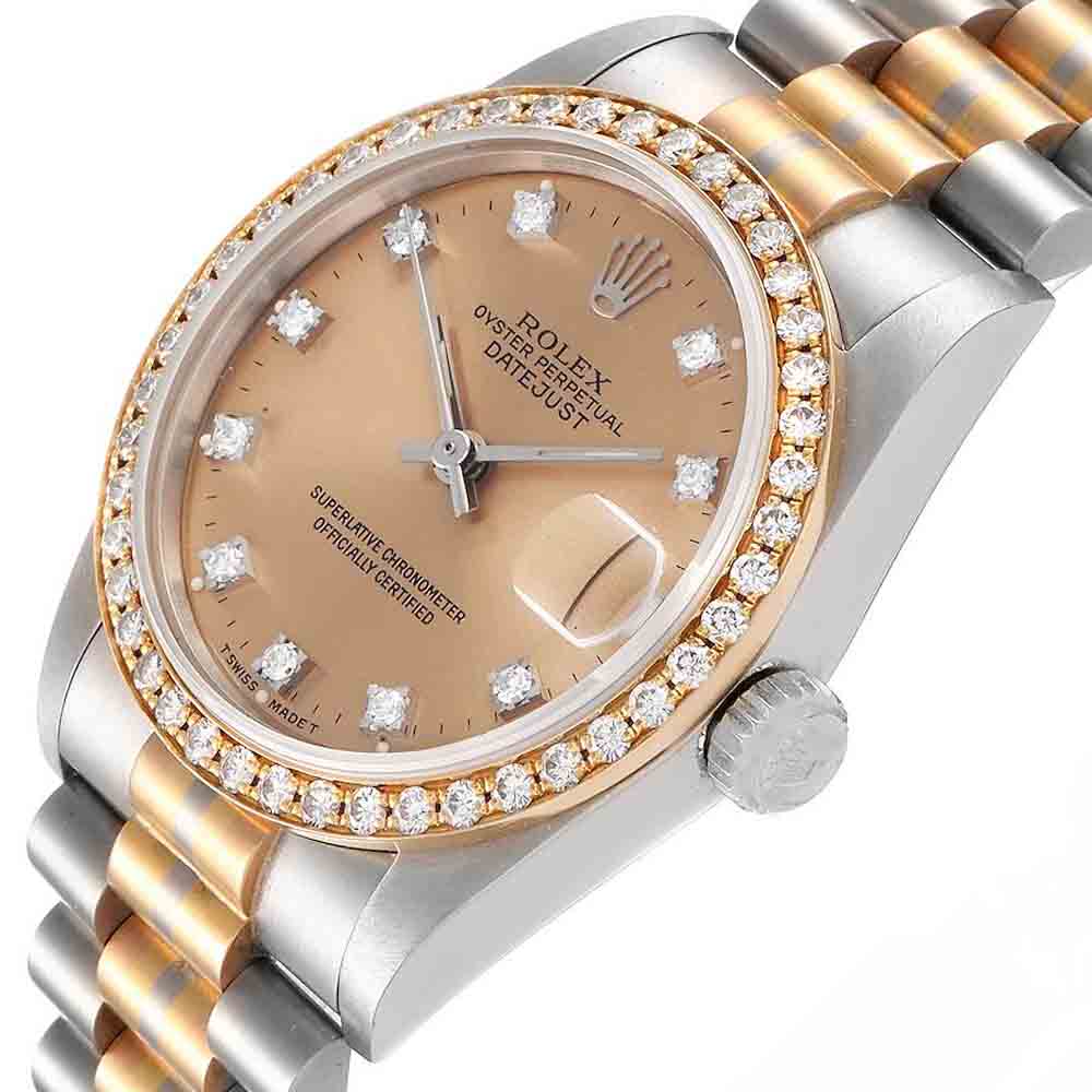 

Rolex Champagne Diamonds 18K White Yellow Rose Gold President Tridor 68149 Women's Wristwatch 31 MM