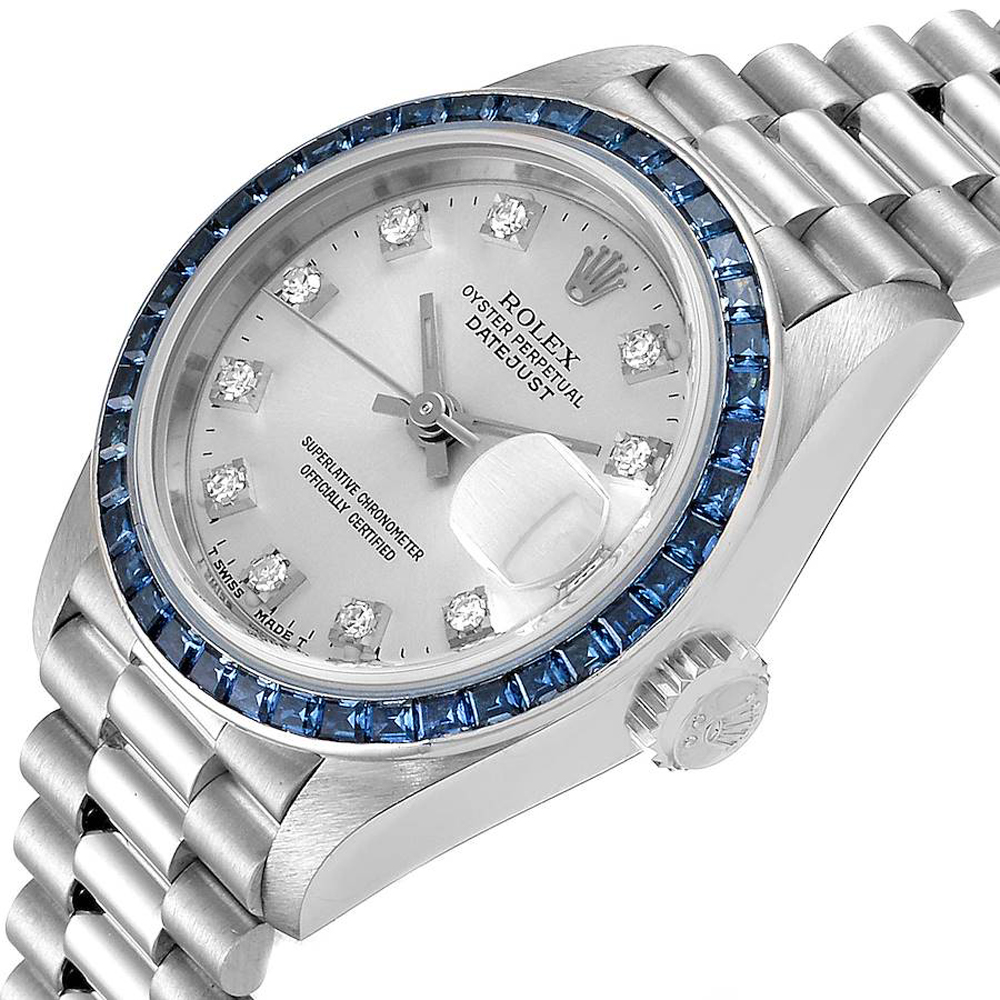 

Rolex Silver Diamonds Sapphire 18K White Gold President Datejust 69119 Women's Wristwatch 26 MM