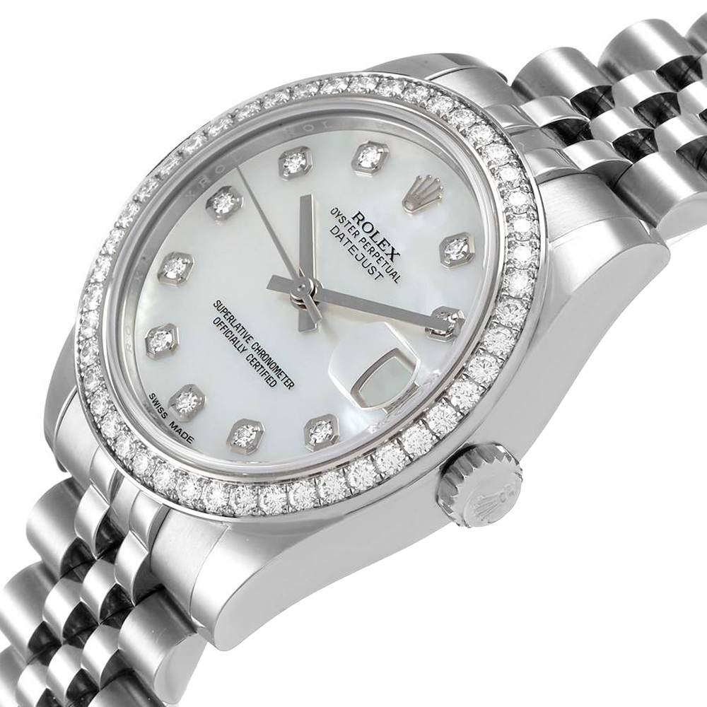 

Rolex MOP Diamonds 18K White Gold And Stainless Steel Datejust 178384 Women's Wristwatch 31 MM