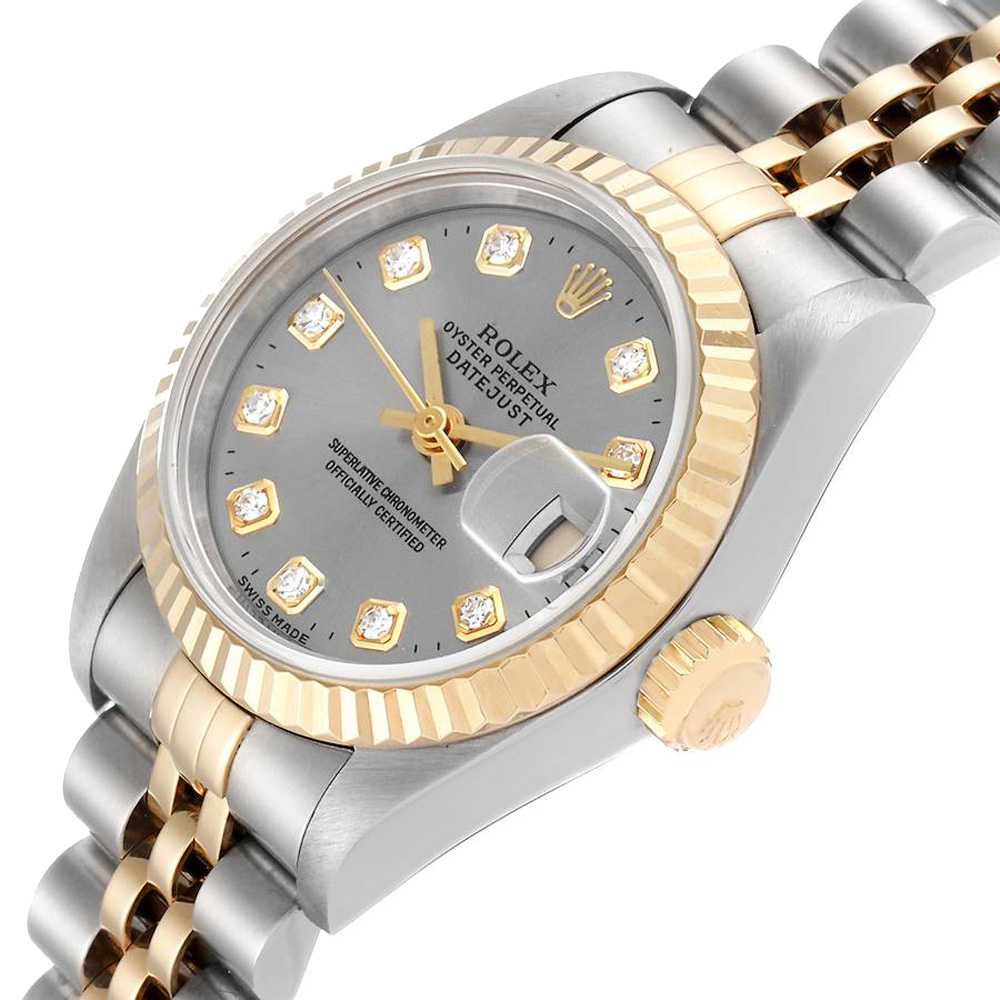 

Rolex Silver Diamonds 18K Yellow Gold And Stainless Steel Datejust 69173 Women's Wristwatch 26 MM
