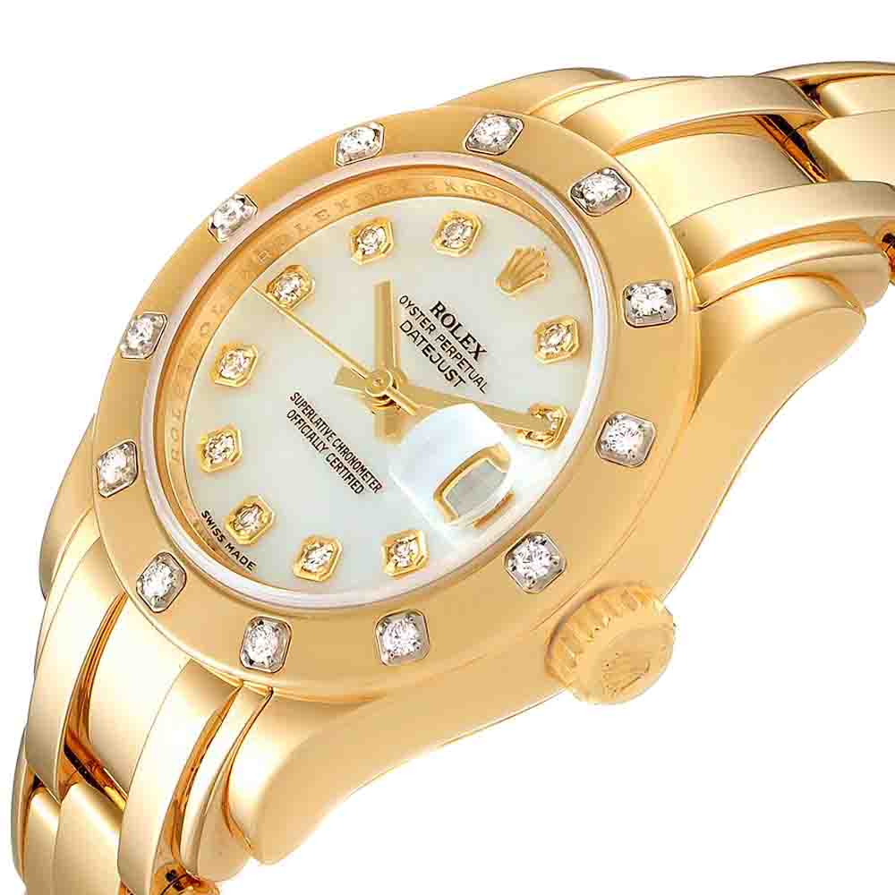 

Rolex MOP Diamonds 18K Yellow Gold Pearlmaster 80318 Women's Wristwatch 29 MM, White