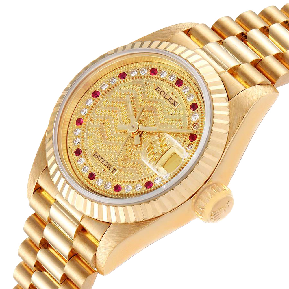 

Rolex Champagne Diamonds Rubies 18K Yellow Gold President Datejust 69178 Women's Wristwatch 26 MM