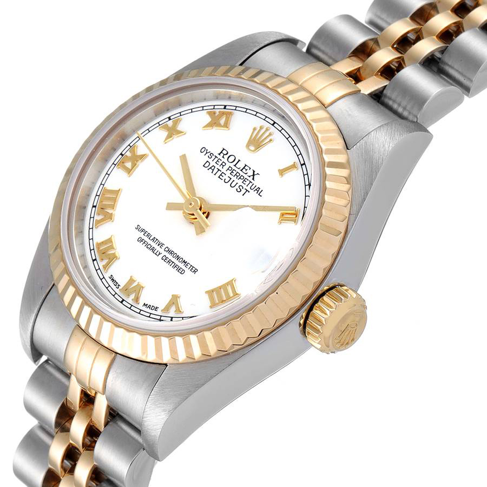 

Rolex White 18K Yellow Gold And Stainless Steel Datejust 79173 Women's Wristwatch 26 MM