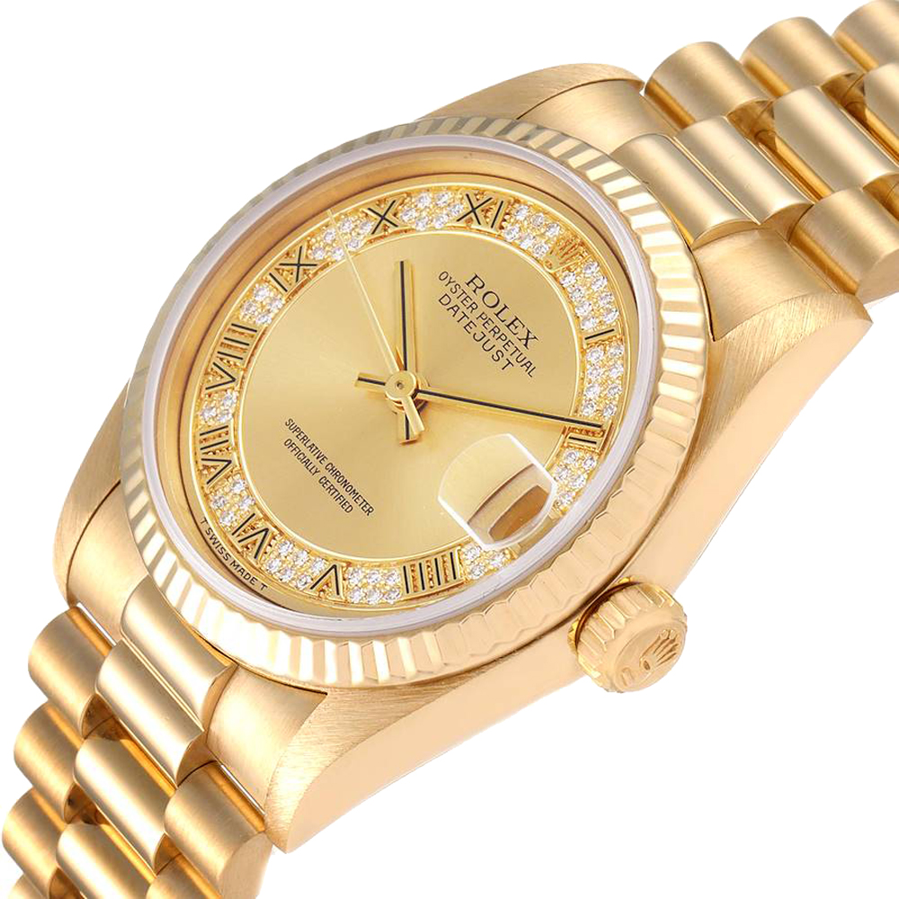 

Rolex Champagne Diamonds 18k Yellow Gold President Datejust 68278 Women's Wristwatch 31 MM