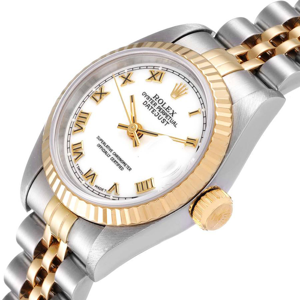 

Rolex White 18K Yellow Gold And Stainless Steel Datejust 69173 Women's Wristwatch 26 MM