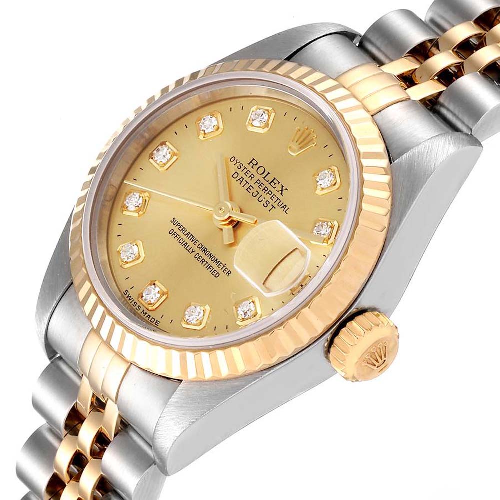 

Rolex Champagne Diamonds 18K Yellow Gold And Stainless Steel Datejust 69173 Women's Wristwatch 26 MM