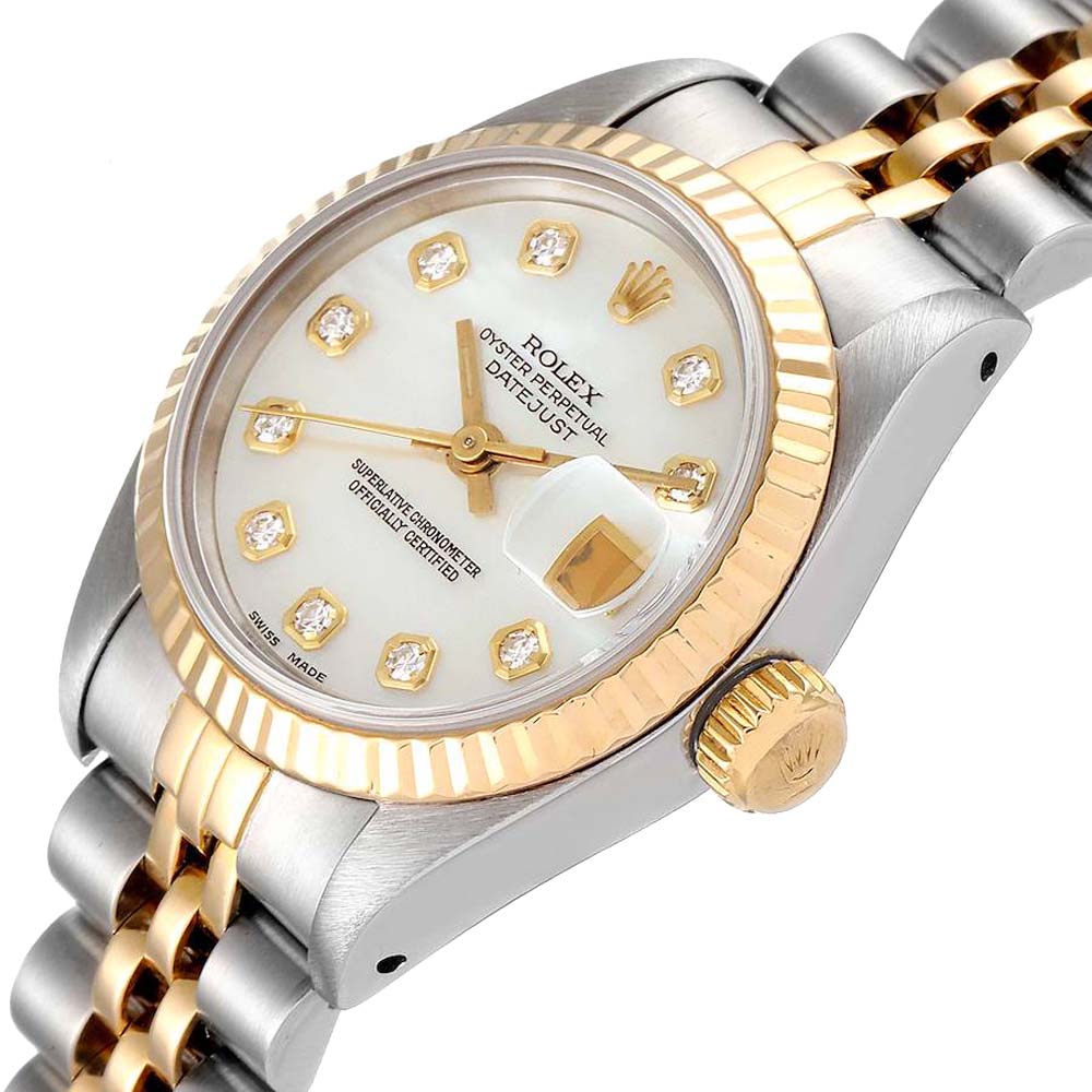 

Rolex MOP Diamonds 18K Yellow Gold And Stainless Steel Datejust 69173 Women's Wristwatch 26 MM, White