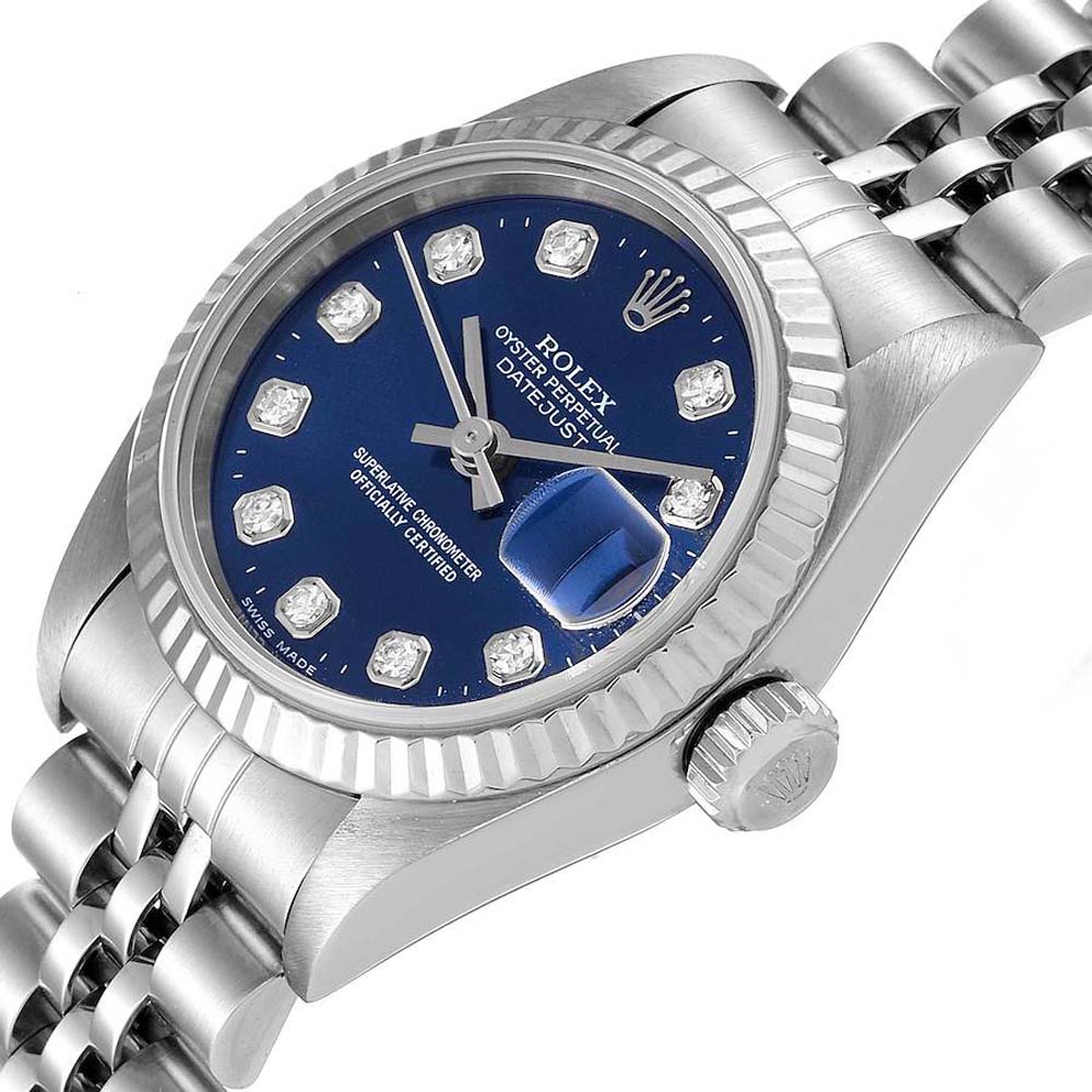 

Rolex Blue Diamonds 18K White Gold And Stainless Steel Datejust 69174 Women's Wristwatch 26 MM