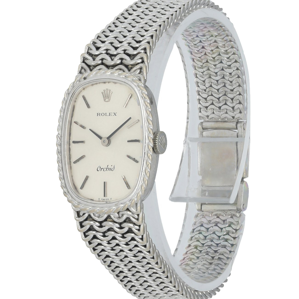 

Rolex Silver 18K White Gold Orchid Vintage Women's Wristwatch 20 MM