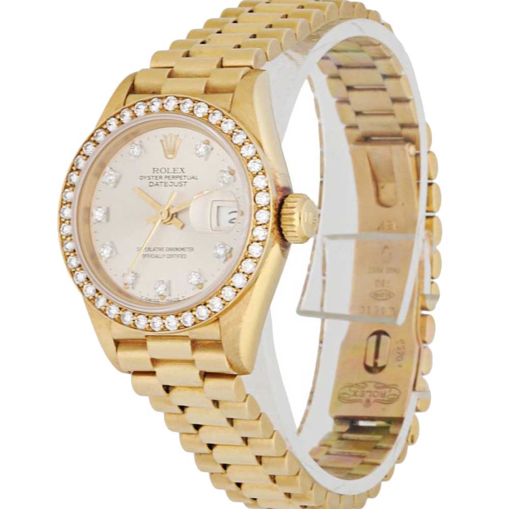 

Rolex Champagne Diamonds 18K Yellow Gold Datejust 69138 Women's Wristwatch 26 MM, Silver