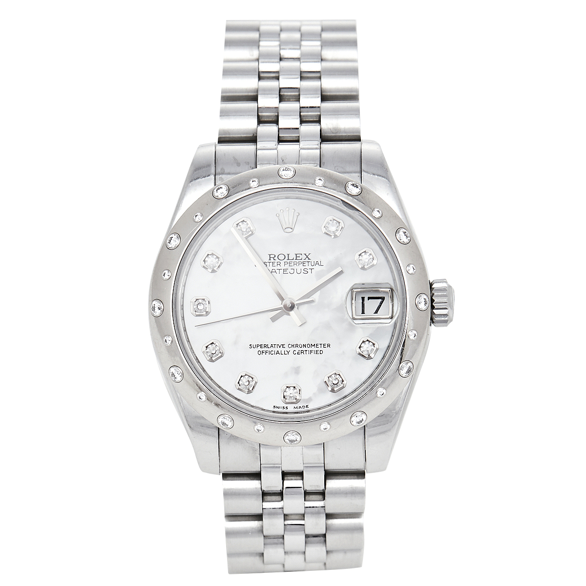 Pre Owned Rolex Mother of Pearl 18K White Gold & Stainless Steel Diamond Datejust 178344 Women's Wristwatch 31 mm