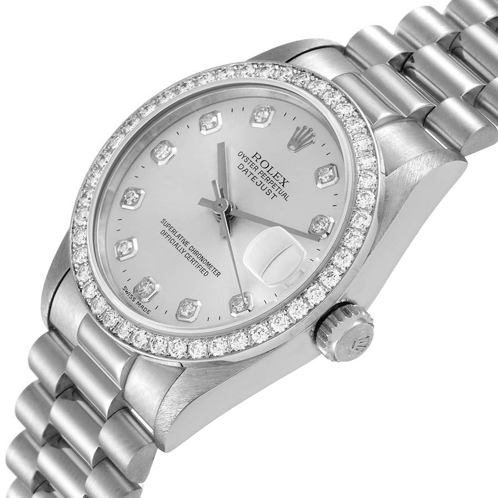 

Rolex Silver Diamonds Platinum President Datejust 68286 Women's Wristwatch 31 MM