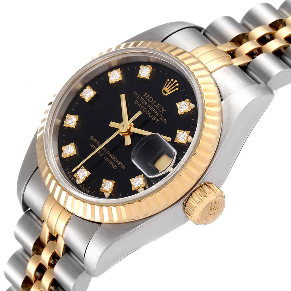 

Rolex Black Diamonds 18K Yellow Gold And Stainless Steel Datejust 69173 Women's Wristwatch 26 MM