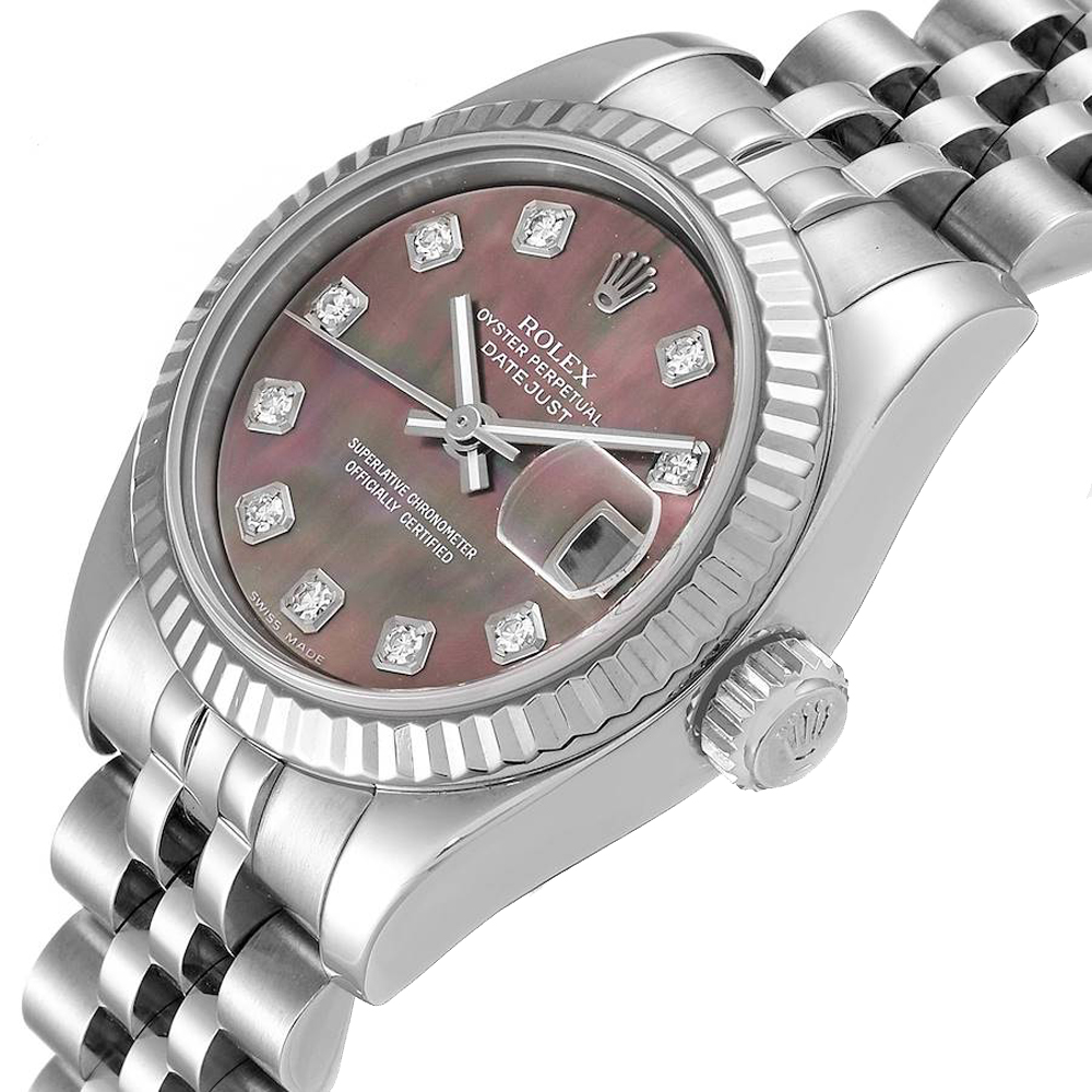 

Rolex Black MOP Diamonds 18K White Gold And Stainless Steel Datejust 179174 Women's Wristwatch 26 MM