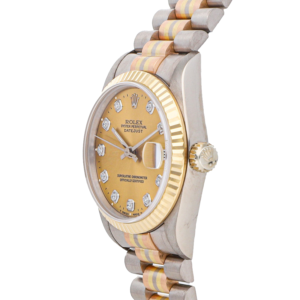 

Rolex Champagne Diamonds 18K White Rose Yellow Gold Datejust Tridor 68279 Women's Wristwatch 31 MM