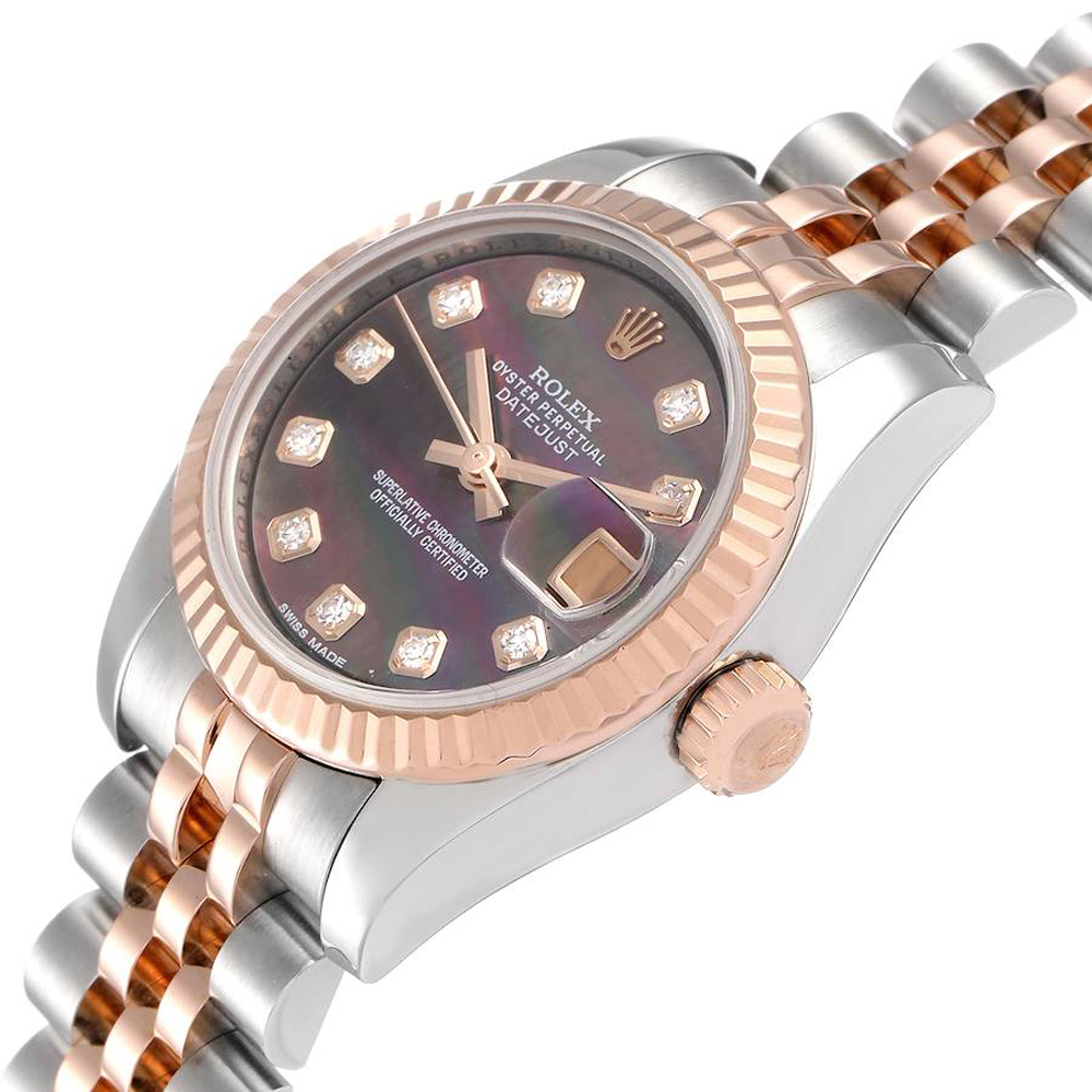 

Rolex Black MOP Diamonds 18K Rose Gold And Stainless Steel Datejust 179171 Women's Wristwatch 26 MM