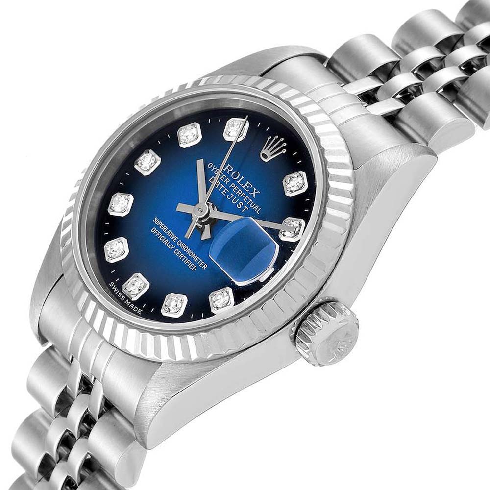 

Rolex Blue Diamonds 18K White Gold And Stainless Steel Datejust 69174 Women's Wristwatch 26 MM