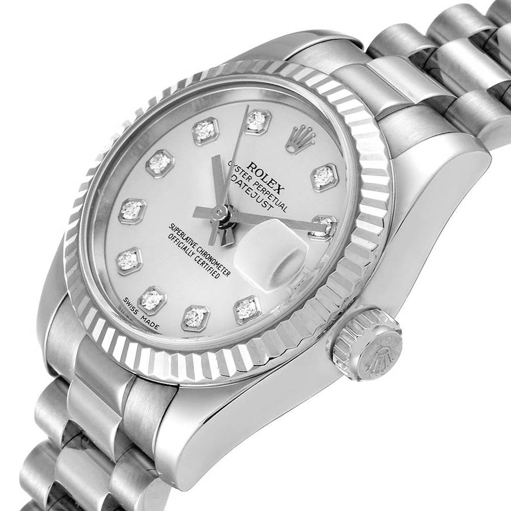 

Rolex Silver Diamonds 18K White Gold President Datejust 179179 Women's Wristwatch 26 MM