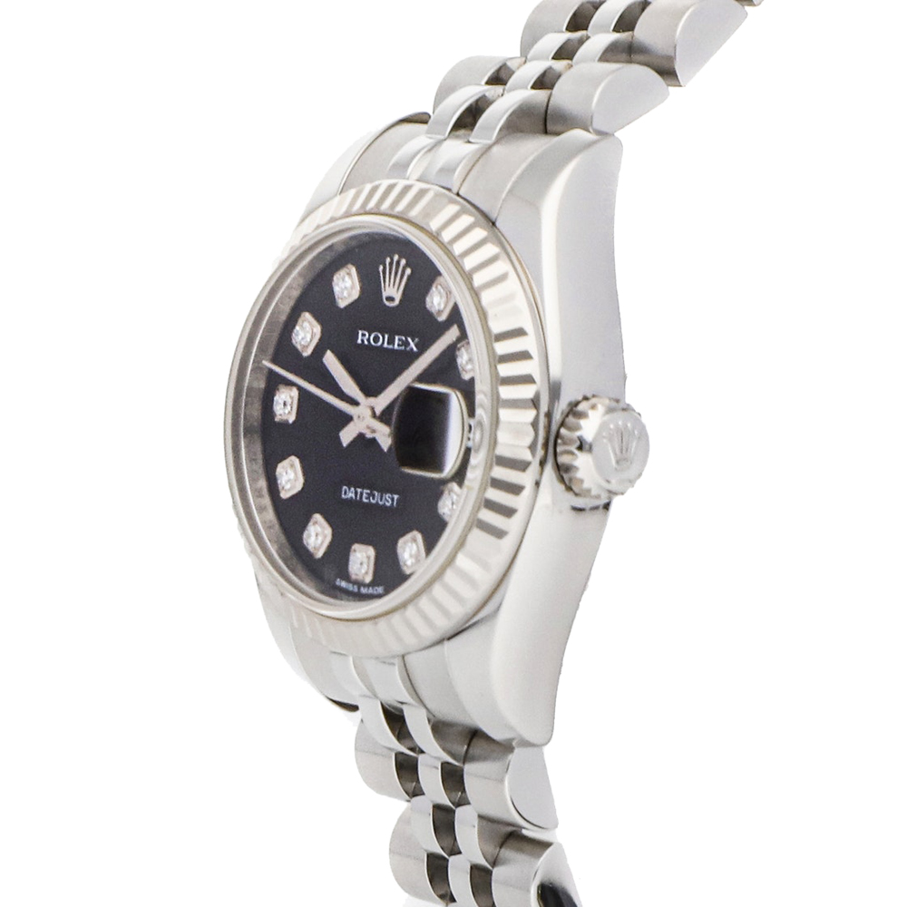 

Rolex Black Diamonds 18k White Gold And Stainless Steel Datejust 179174 Women's Wristwatch 26 MM