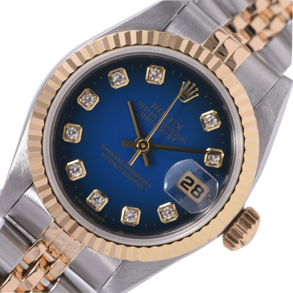 

Rolex Blue Diamonds 18K Yellow Gold And Stainless Steel Datejust 69173 Women's Wristwatch 26 MM