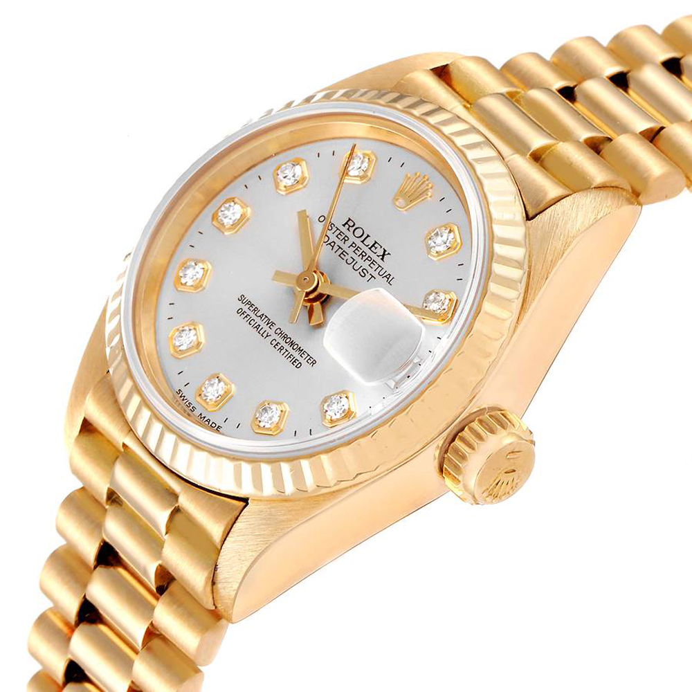 

Rolex Silver Diamonds 18K Yellow Gold President Datejust 69178 Women's Wristwatch 26 MM