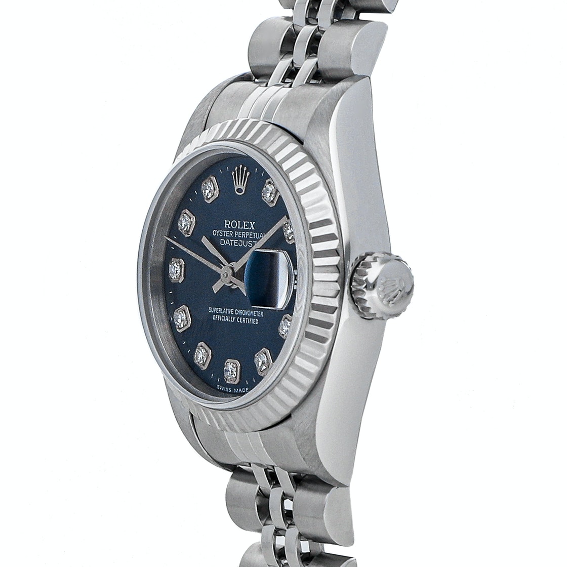 

Rolex Blue Diamonds 18K White Gold And Stainless Steel Datejust 69174 Women's Wristwatch 26 MM