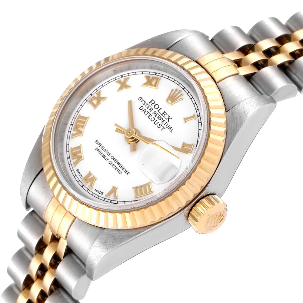 

Rolex White 18K Yellow Gold And Stainless Steel Datejust 79173 Women's Wristwatch 26 MM