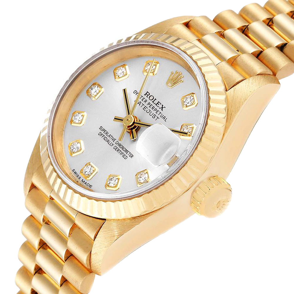 

Rolex Silver Diamonds 18K Yellow Gold President Datejust 69178 Women's Wristwatch 26 MM