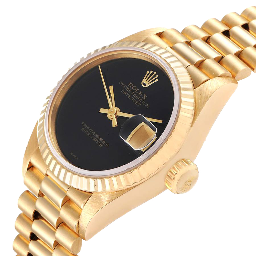 

Rolex Black Onyx 18K Yellow Gold President Datejust 69178 Women's Wristwatch 26 MM