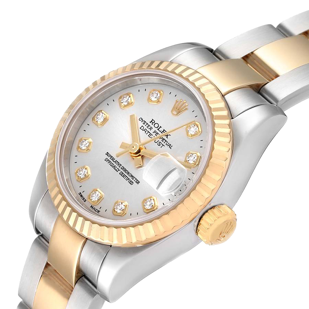 

Rolex Silver Diamonds 18K Yellow Gold And Stainless Steel Datejust 179173 Automatic Women's Wristwatch 26 MM