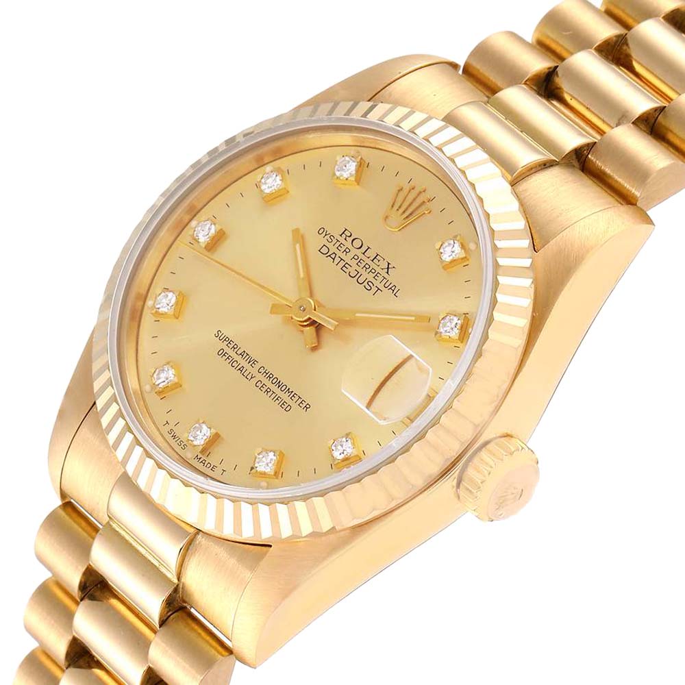 

Rolex Champagne Diamonds 18k Yellow Gold President Datejust 68278 Women's Wristwatch 31 MM