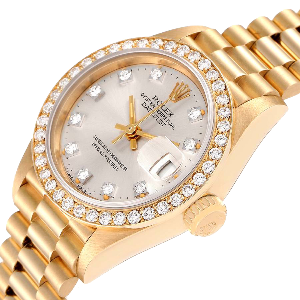 

Rolex Silver Diamonds 18K Yellow Gold President Datejust 69138 Women's Wristwatch 26 MM