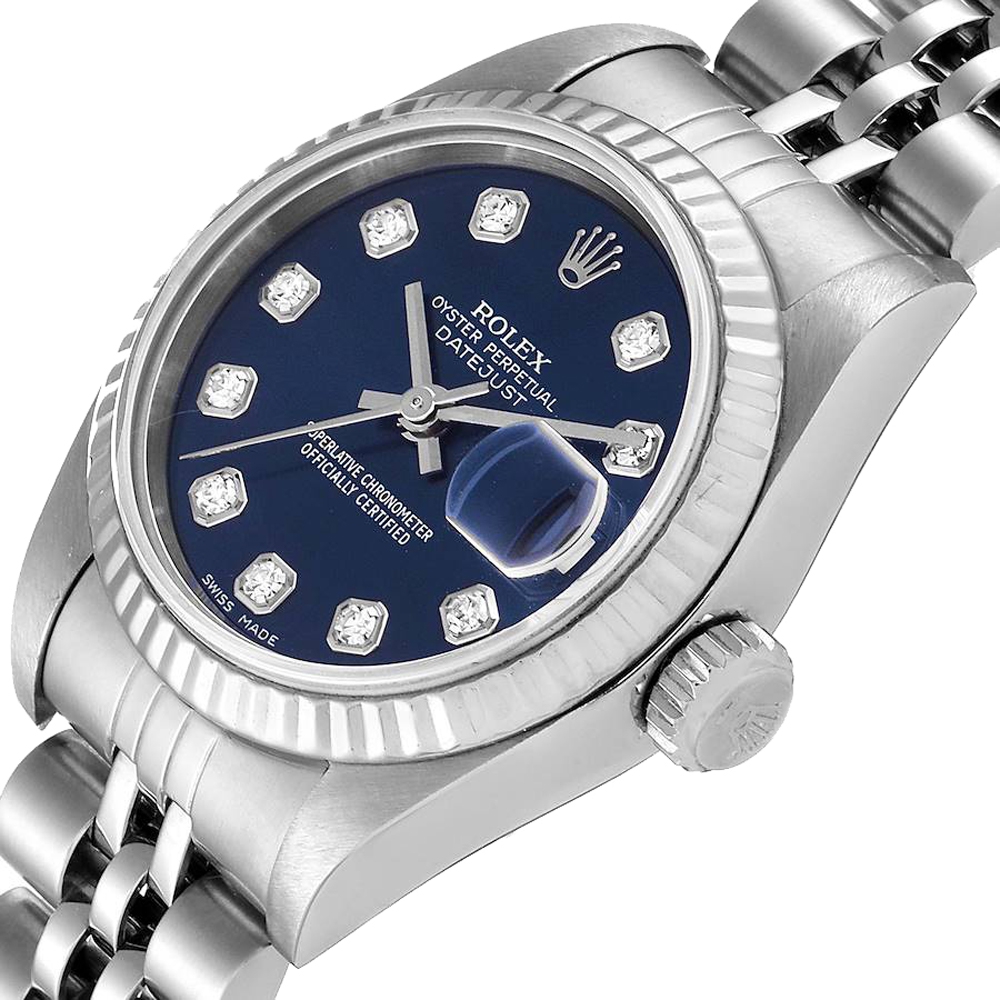 

Rolex Blue Diamonds 18K White Gold And Stainless Steel Datejust 79174 Women's Wristwatch 26 MM