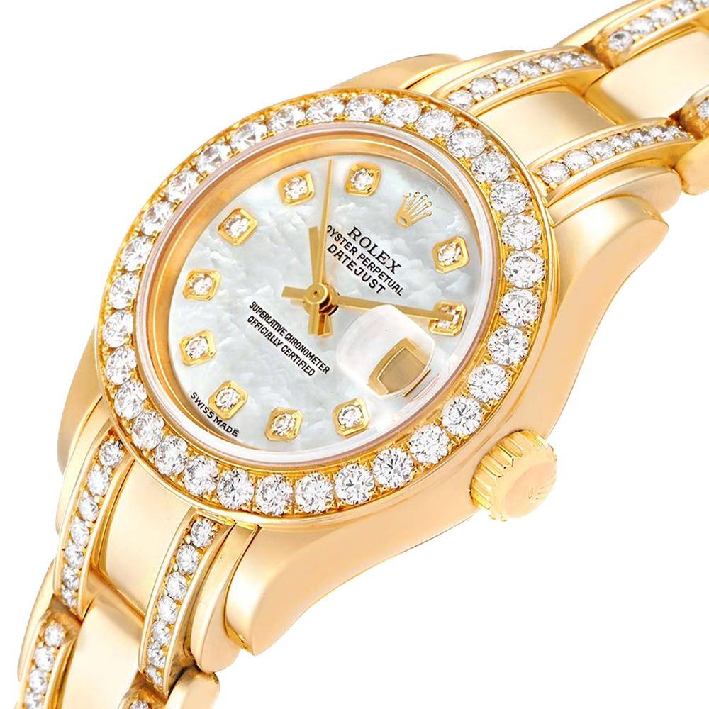 

Rolex MOP Diamonds 18K Yellow Gold Pearlmaster 80298 Women's Wristwatch 29 MM, White