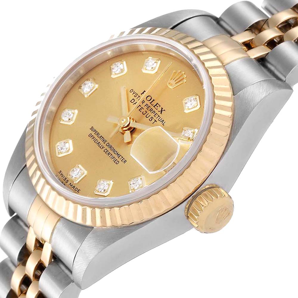 

Rolex Champagne Diamonds 18K Yellow Gold And Stainless Steel Datejust 69173 Women's Wristwatch 26 MM