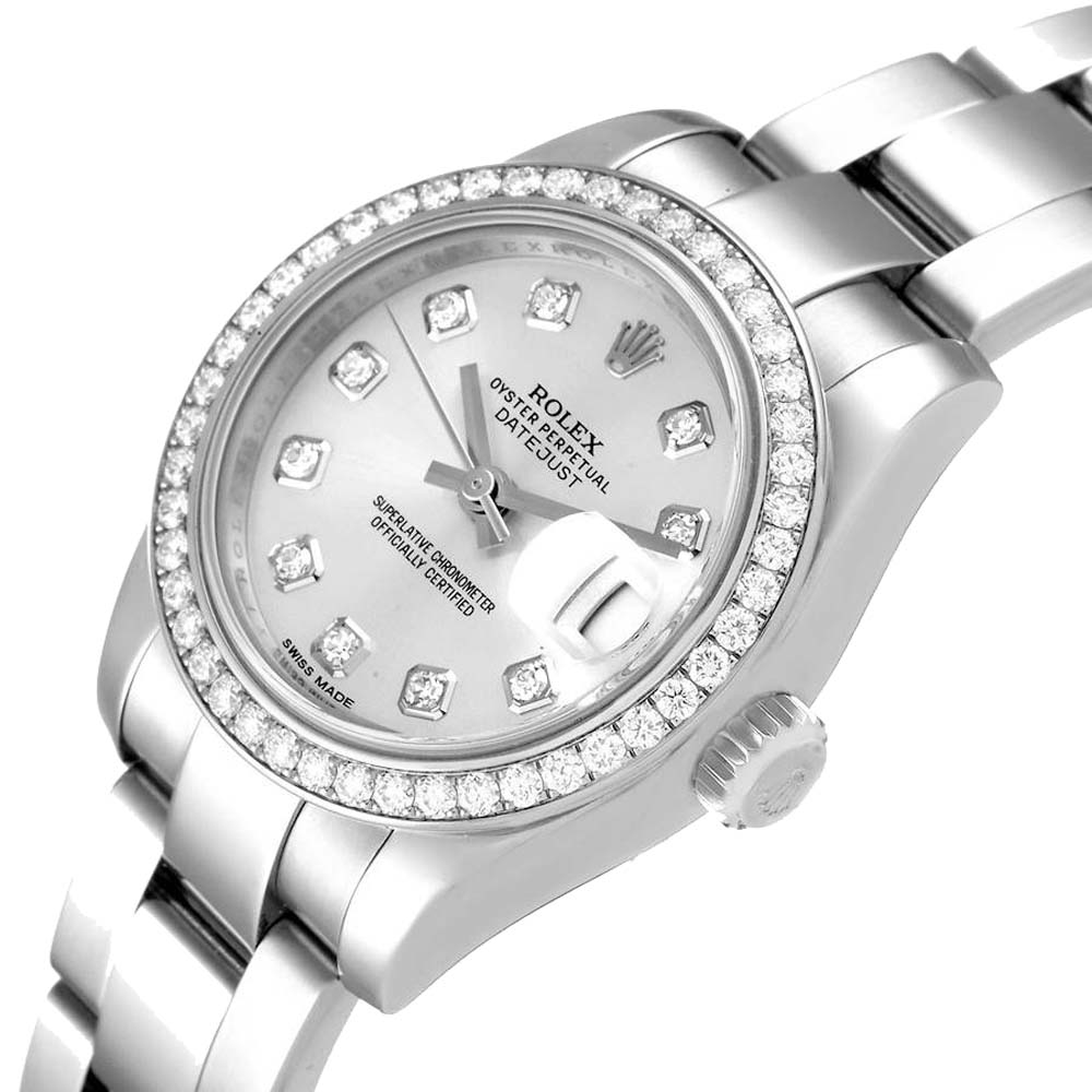 

Rolex Silver Diamonds 18K White Gold And Stainless Steel Datejust 179384 Women's Wristwatch 26 MM