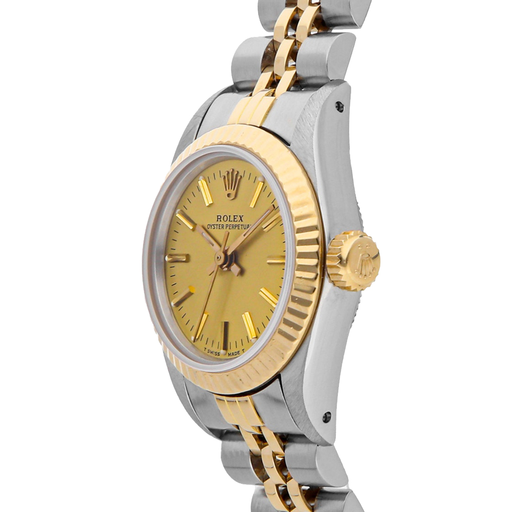 

Rolex Champagne 18K Yellow Gold And Stainless Steel Oyster Perpetual 67193 Women's Wristwatch 24 MM