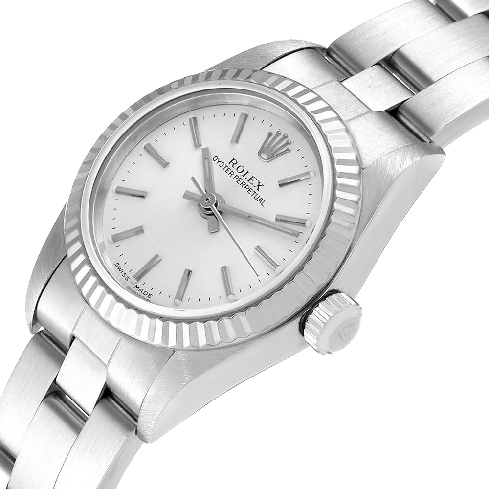 

Rolex Silver 18k White Gold And Stainless Steel Oyster Perpetual 76094 Women's Wristwatch 24 MM