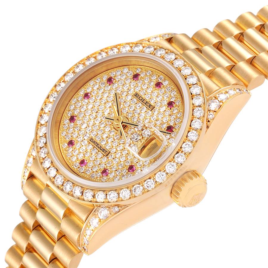 

Rolex Silver Diamonds Rubies 18K Yellow Gold President 69158 Women's Wristwatch 26 MM