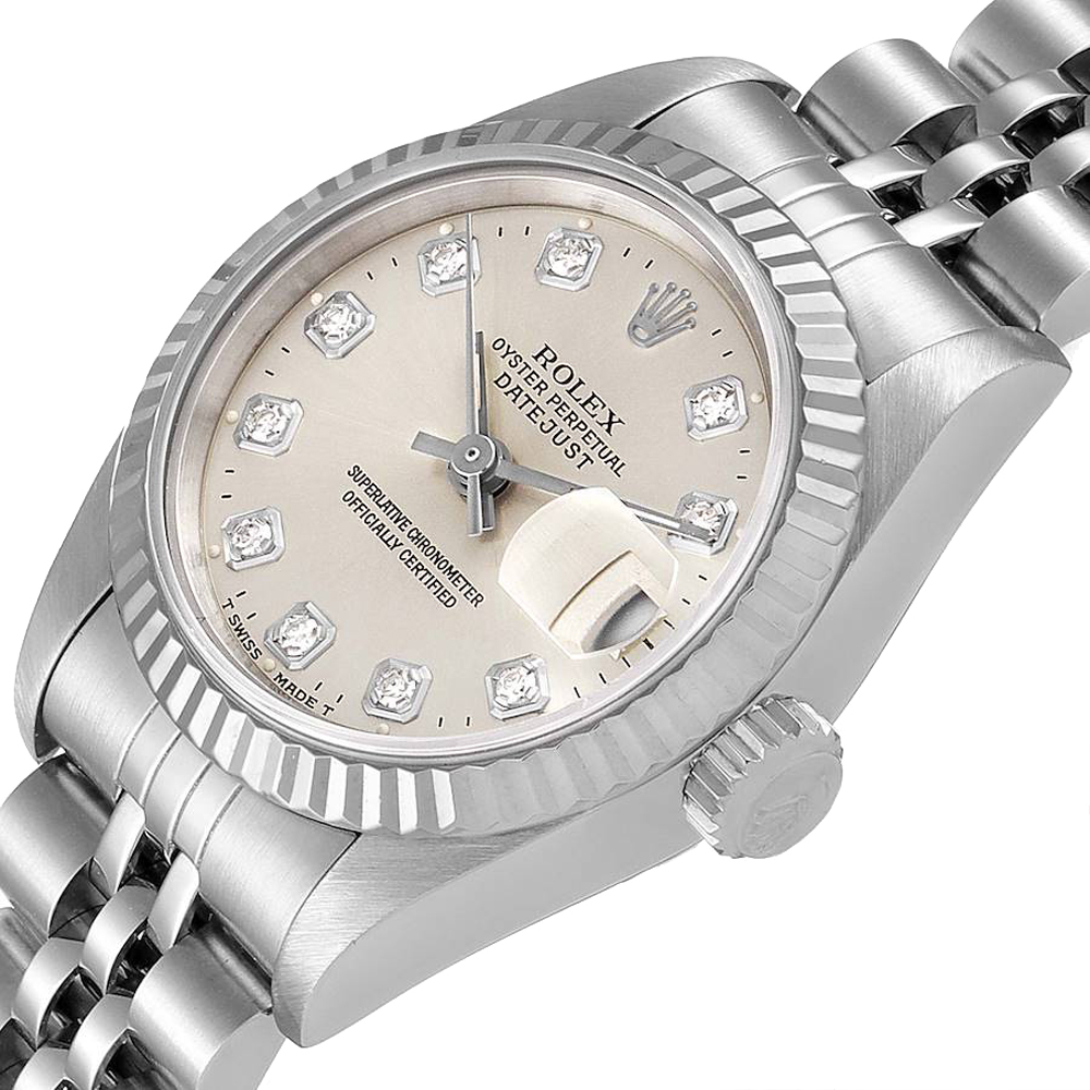 

Rolex Silver 18K White Gold Stainless Steel Diamond Datejust 69174 Women's Wristwatch